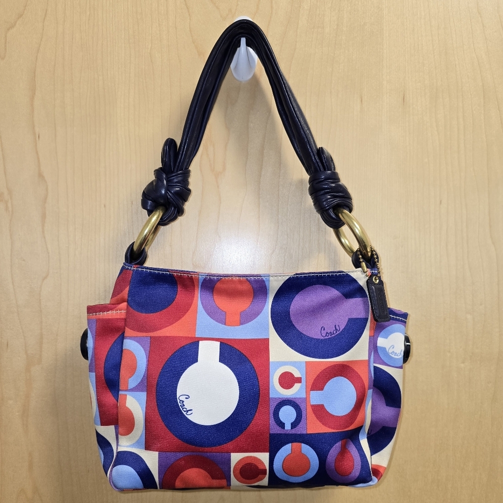 COACH 42177 Madison Sateen Scarf Graphic Op Art Handbag Purse Red Blue